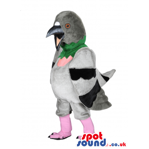 Grey Pigeon Mascot With Pink Legs, Open Beak And Green Collar