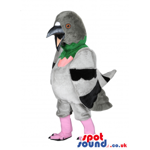 Grey Pigeon Mascot With Pink Legs, Open Beak And Green Collar -