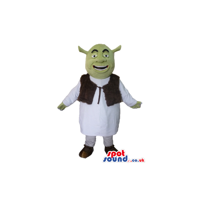 Green ogre wearing a white tunic and a brown furry vest -