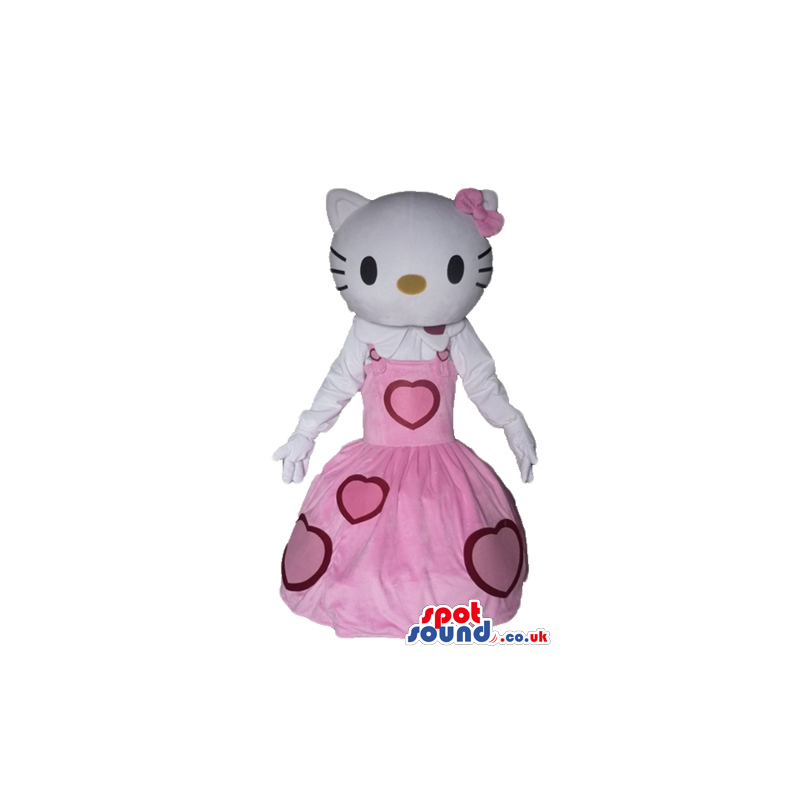 Hello kitty dressed in a long sleeveless pink dress with red