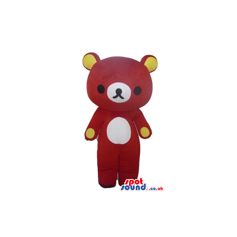 Red bear with a white nose and belly and yellow ears and paws -