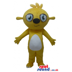 Yellow bear with big grey eyes and a big black nose and a whie