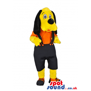 Yellow Dog Wearing Black Pants With Suspenders And Orange Shirt