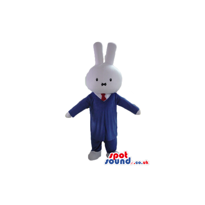 White rabbit wearing a blue suit, white shirt and red tie -