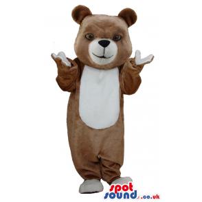 Brown-white teddy mascot with tilted head and waving his hand -