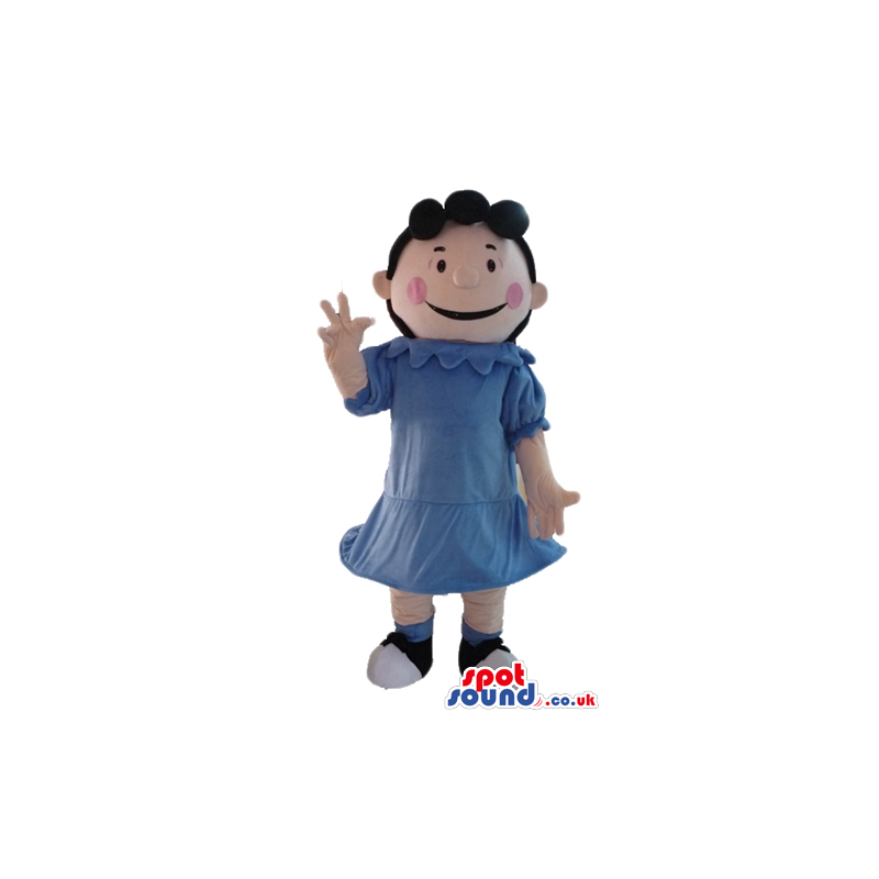 Girl with black hair wearing with a light-blue dress, socks and