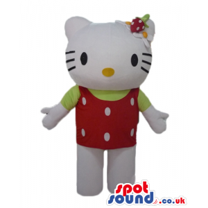 Hello kitty wearing a red t-shirt and a red swimming suite -