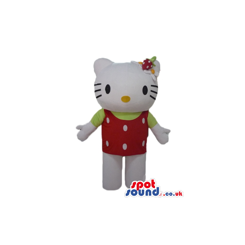 Hello kitty wearing a red t-shirt and a red swimming suite -