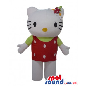 Hello kitty wearing a red t-shirt and a red swimming suite -