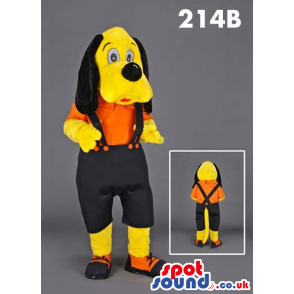 Yellow Dog Wearing Black Pants With Suspenders And Orange Shirt