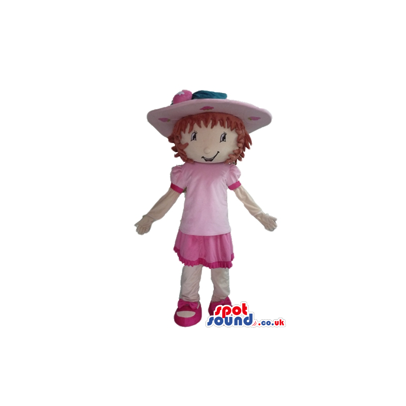 Brown-haired girl wearing a pink hat, a pink dress, white socks