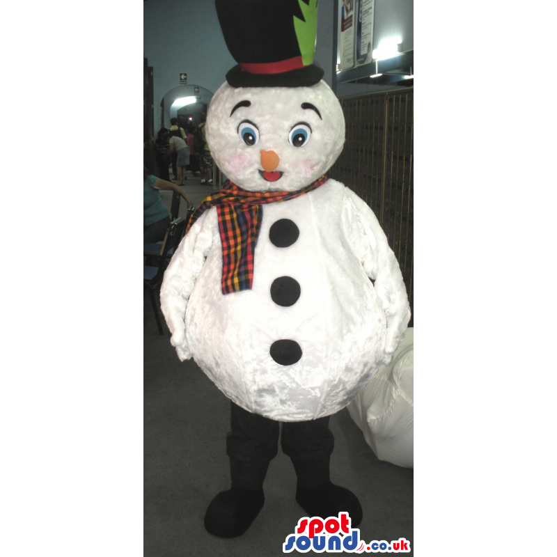 White Snowman Mascot With Black Top Hat And Colorful Scarf -