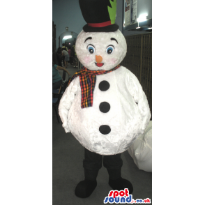 White Snowman Mascot With Black Top Hat And Colorful Scarf -