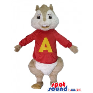 Beige squirrel wearing a red sweater with a yellow a on the