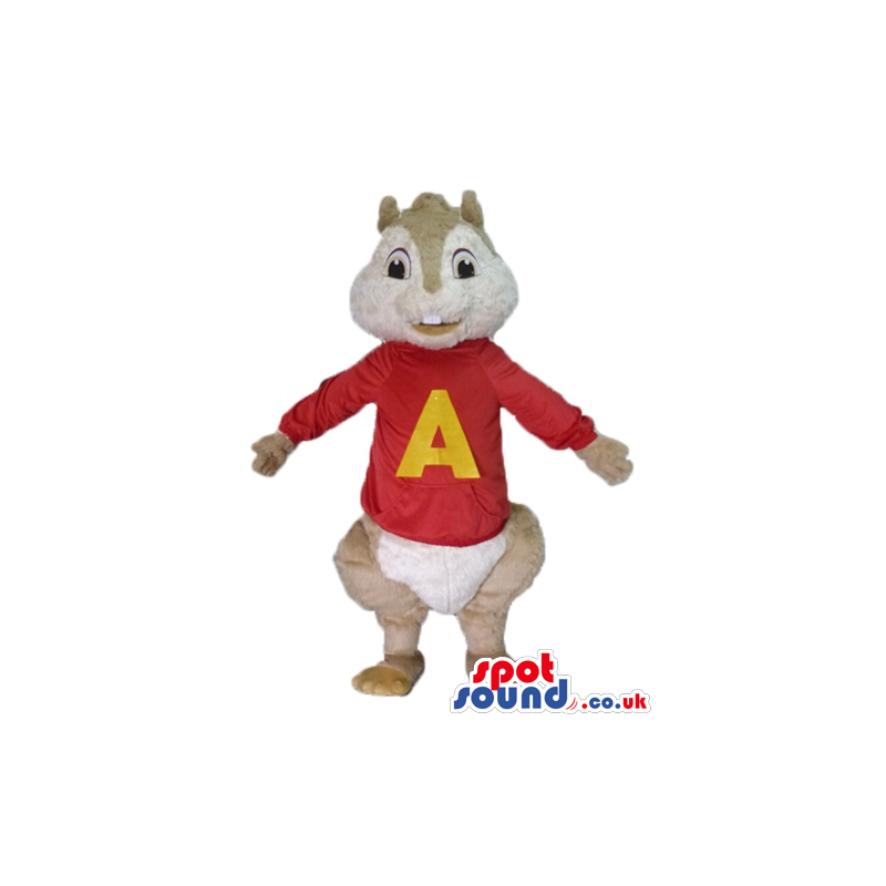 Beige squirrel wearing a red sweater with a yellow a on the