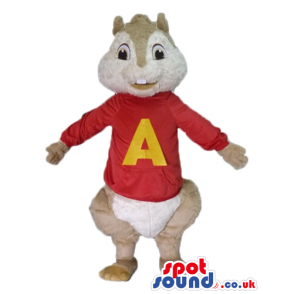 Beige squirrel wearing a red sweater with a yellow a on the