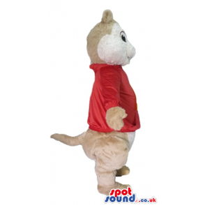 Beige squirrel wearing a red sweater with a yellow a on the
