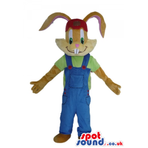 Brown rabbit wearing a green t-shirt and blue gardener trousers
