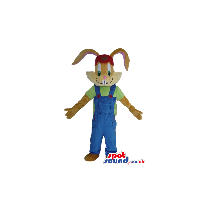 Brown rabbit wearing a green t-shirt and blue gardener trousers