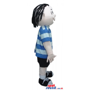 Boy with short black hair, black shorts, a striped blue and