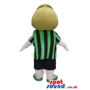 Blond boy wearing a striped green and black t-shirt, black