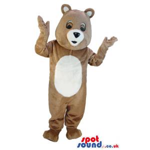 Brown-white teddy mascot with tilted head and waving his hand -