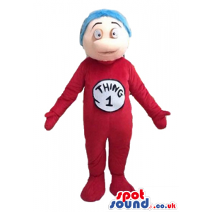 Man with blue hair wearing a red suit with inscription - Custom