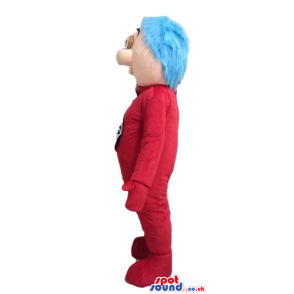 Man with blue hair wearing a red suit with inscription - Custom