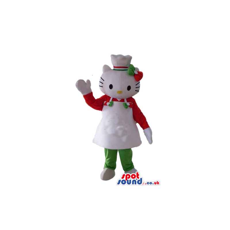 Hello kitty wearing a white chef's hat with red and green