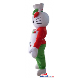 Hello kitty wearing a white chef's hat with red and green