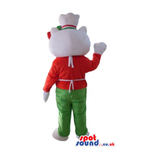 Hello kitty wearing a white chef's hat with red and green