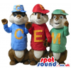 3 brown squirrels wearing a red t-shirt and cap, a blue t-shirt and cap and a green t-shirt and cap