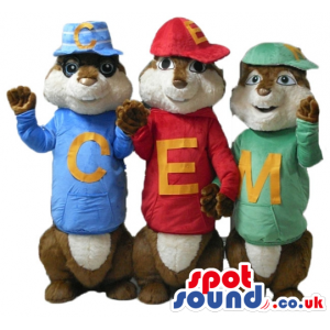 3 brown squirrels wearing a red t-shirt and cap, a blue t-shirt