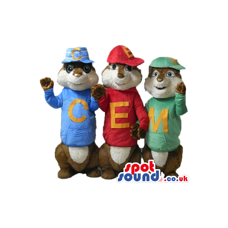 3 brown squirrels wearing a red t-shirt and cap, a blue t-shirt