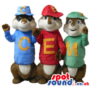 3 brown squirrels wearing a red t-shirt and cap, a blue t-shirt