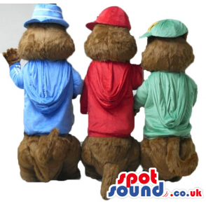 3 brown squirrels wearing a red t-shirt and cap, a blue t-shirt