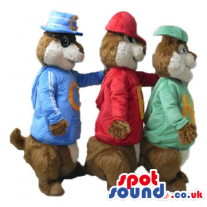 3 brown squirrels wearing a red t-shirt and cap, a blue t-shirt