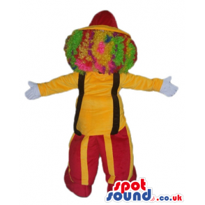 Clown with multicolored hair and a red nowse wearing a yellow