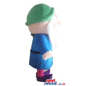 Dwarf with a long white bear wearing a green hat, a blue shirt