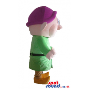 Young dwarf wearing a purple hat, a green shirt, beige trousers