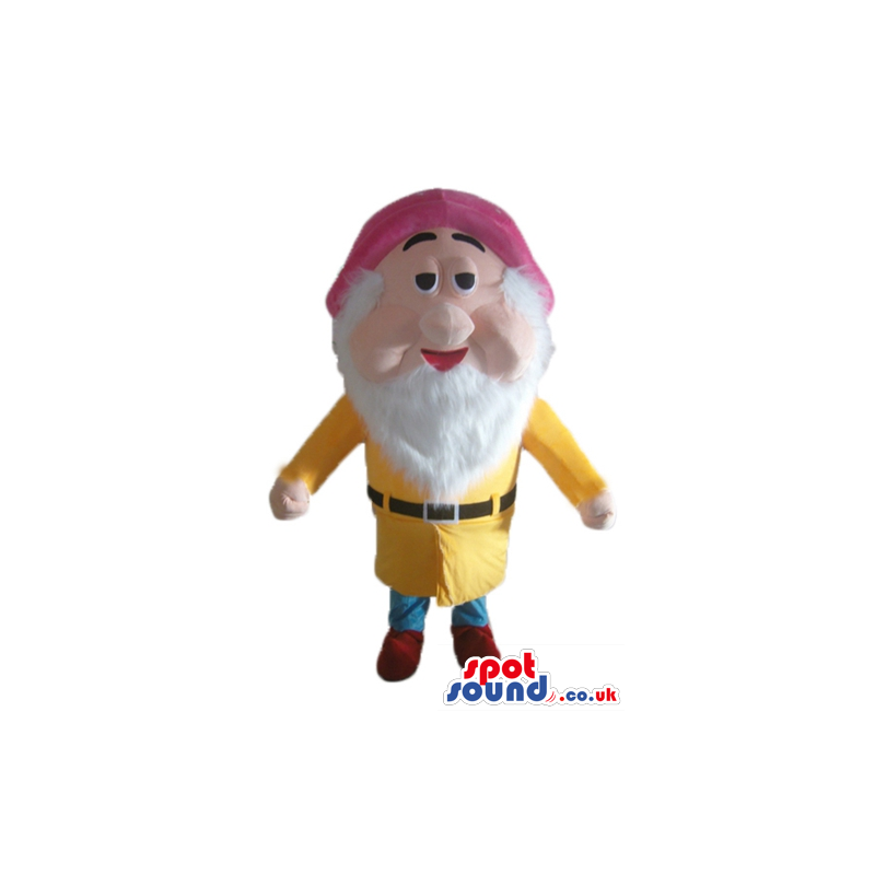 Dwarf with a long white beard wearing a red hat, a yellow