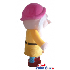 Dwarf with a long white beard wearing a red hat, a yellow