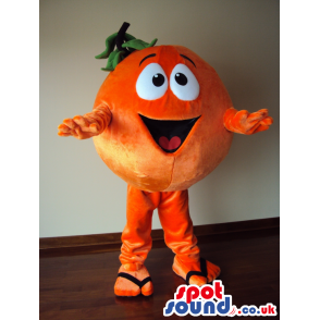 Orange Fruit Mascot With Big Eyes And Smile Wearing Flip-Flops