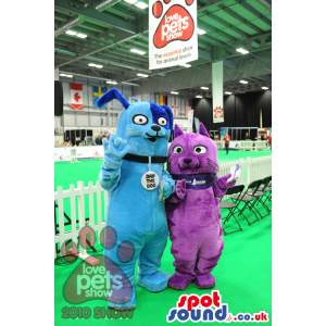 Blue Dog And Purple Cat Pet Mascot With Collar Name Tags -