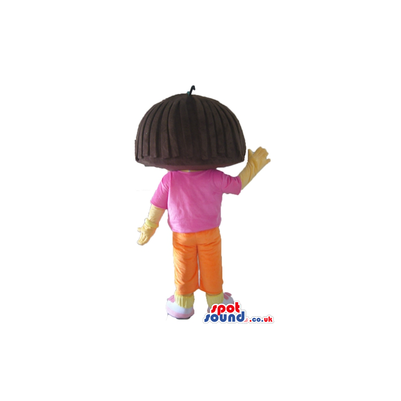 Dora the explorer wearing a pink t-shirt, orange shorts and