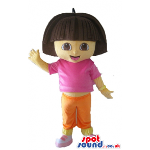 Dora the explorer wearing a pink t-shirt, orange shorts and