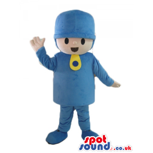 Boy wearing a blue hat, a blue jacket and blue trousers with a