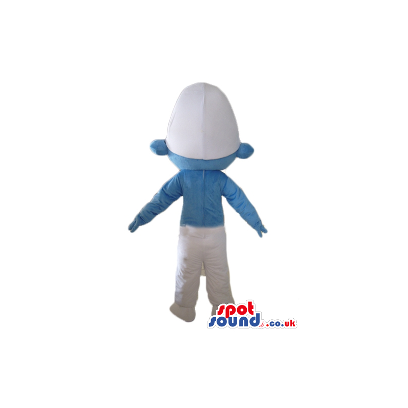 Smiling smurf wearing white trousers and a white hat seen from