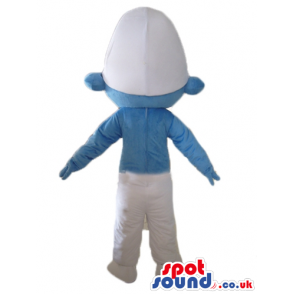 Smiling smurf wearing white trousers and a white hat seen from