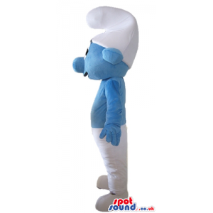 Smiling smurf wearing white trousers and a white hat seen from
